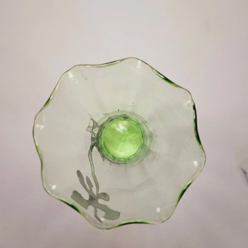 Vintage Green Stretch Glass Ruffled Rim Metal Floral Embellished Bud Vase